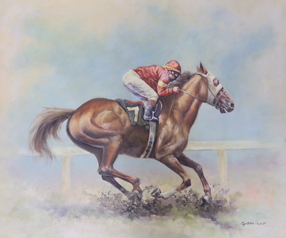 Glenn Ford, two oils on board, Horse racing scenes, signed, 59 x 49cm